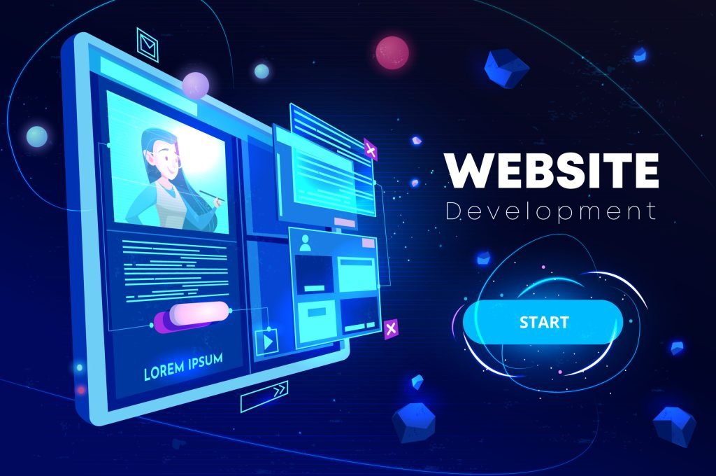 Website development banner, computer technology, monitor with open browser page and woman profile on screen, futuristic background in neon glowing colors. Cartoon vector illustration, landing page